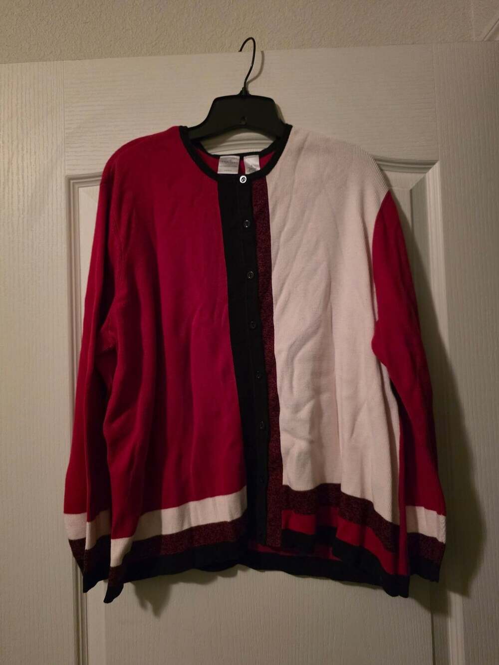 Emma James Cardigan Sweater Size 2X Red Black White Colorblock Heavy Weight